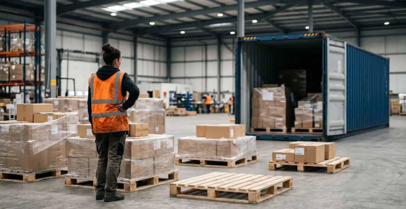 Close-up view of individual pallets being staged in a consolidation warehouse waiting to be combined into a full container load