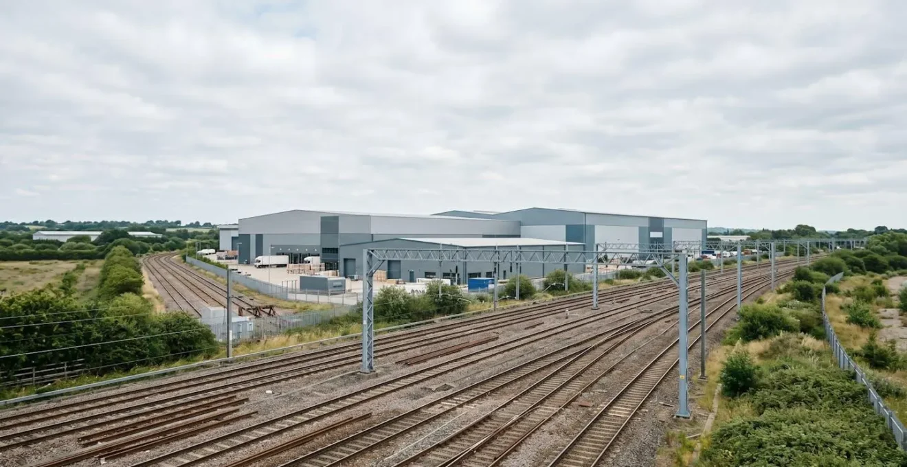 Wide environmental shot showing rail freight terminal with distribution warehouse in British landscape context