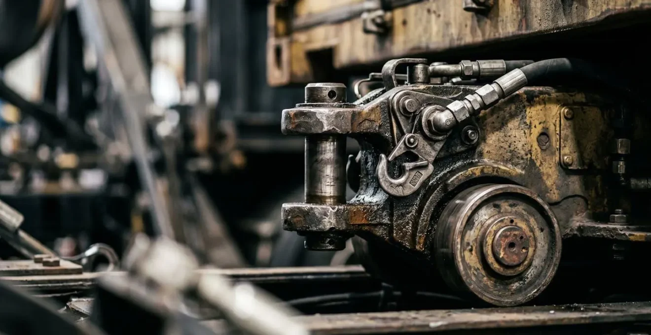 Detailed view of swap body transfer mechanism showing industrial coupling hardware and support structure