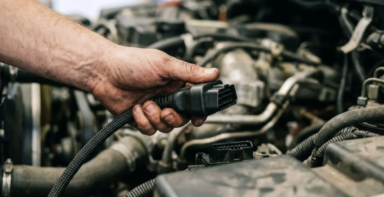 A close-up of a mechanic connecting a modern vehicle diagnostic tool to the OBD-II port of a commercial vehicle, symbolising data-driven maintenance for a UK fleet.