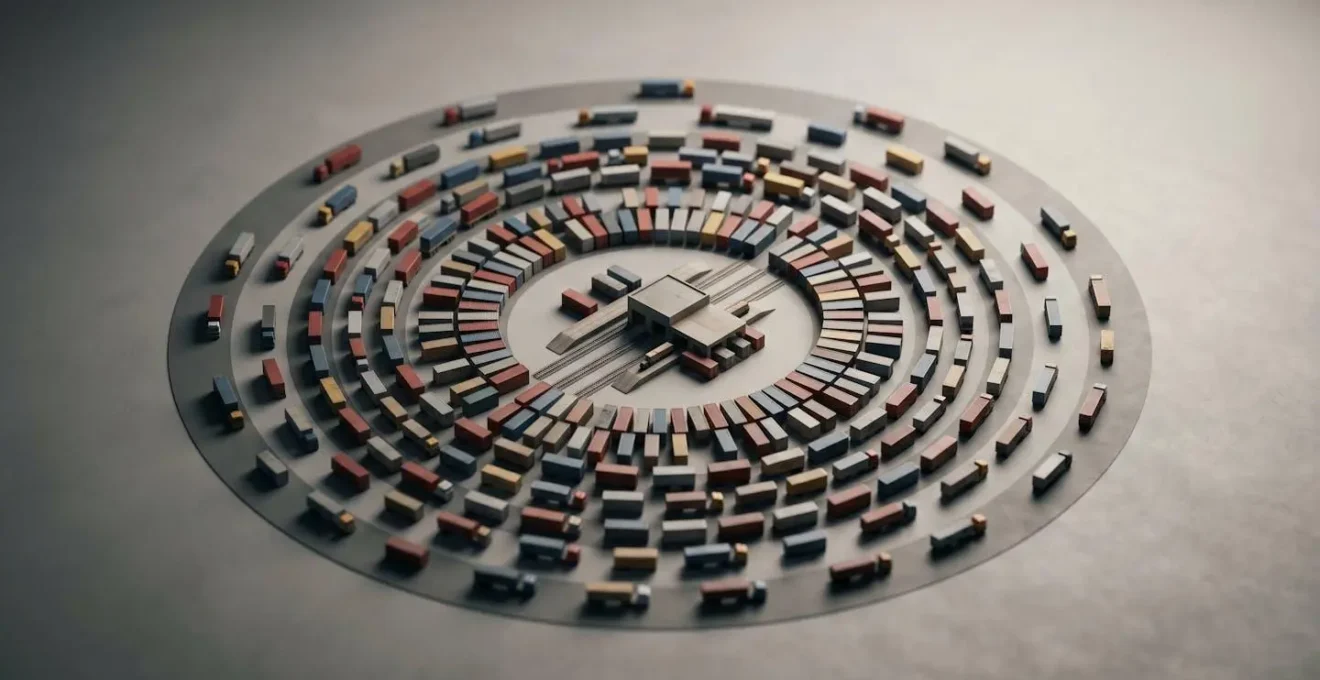Conceptual visualization of freight terminal gravity showing concentric zones radiating from a central rail hub with diminishing economic viability