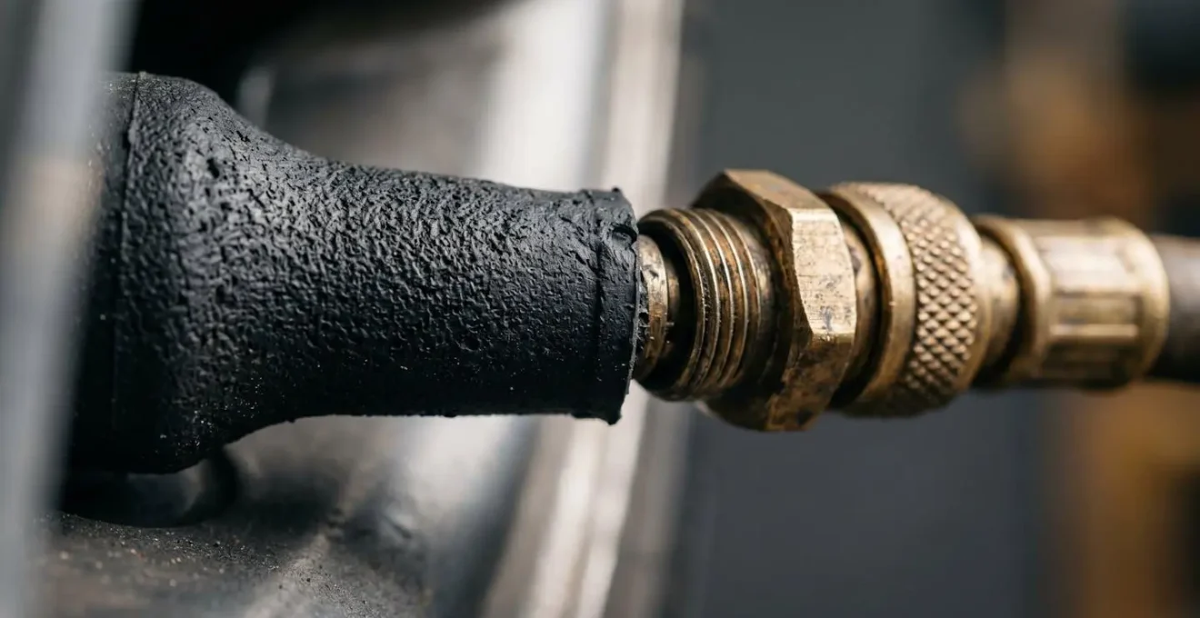 Close-up macro detail of tire valve stem with pressure gauge showing thermal pressure phenomenon