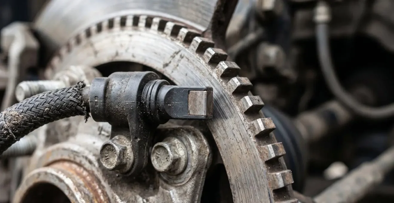 Extreme macro detail of electronic wheel speed sensor mounted near brake rotor showing precision engineering