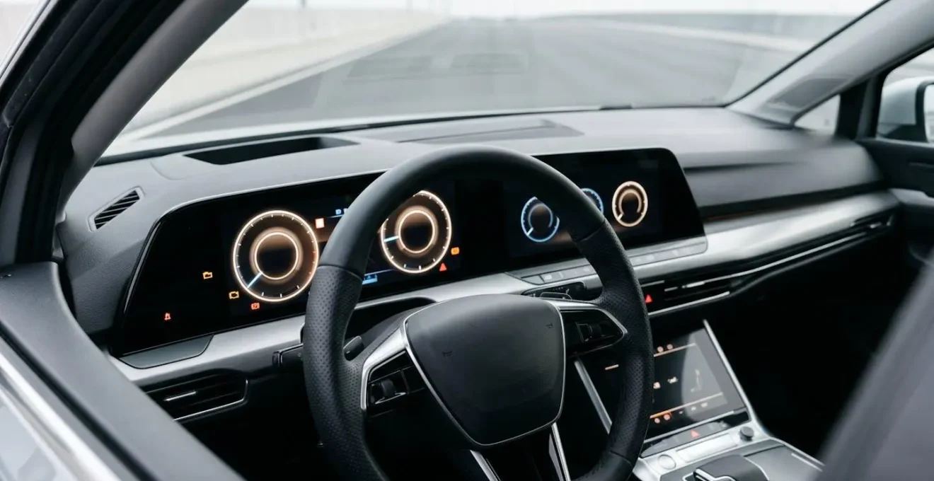 Wide angle view of empty driver seat perspective showing modern vehicle dashboard instrumentation panel