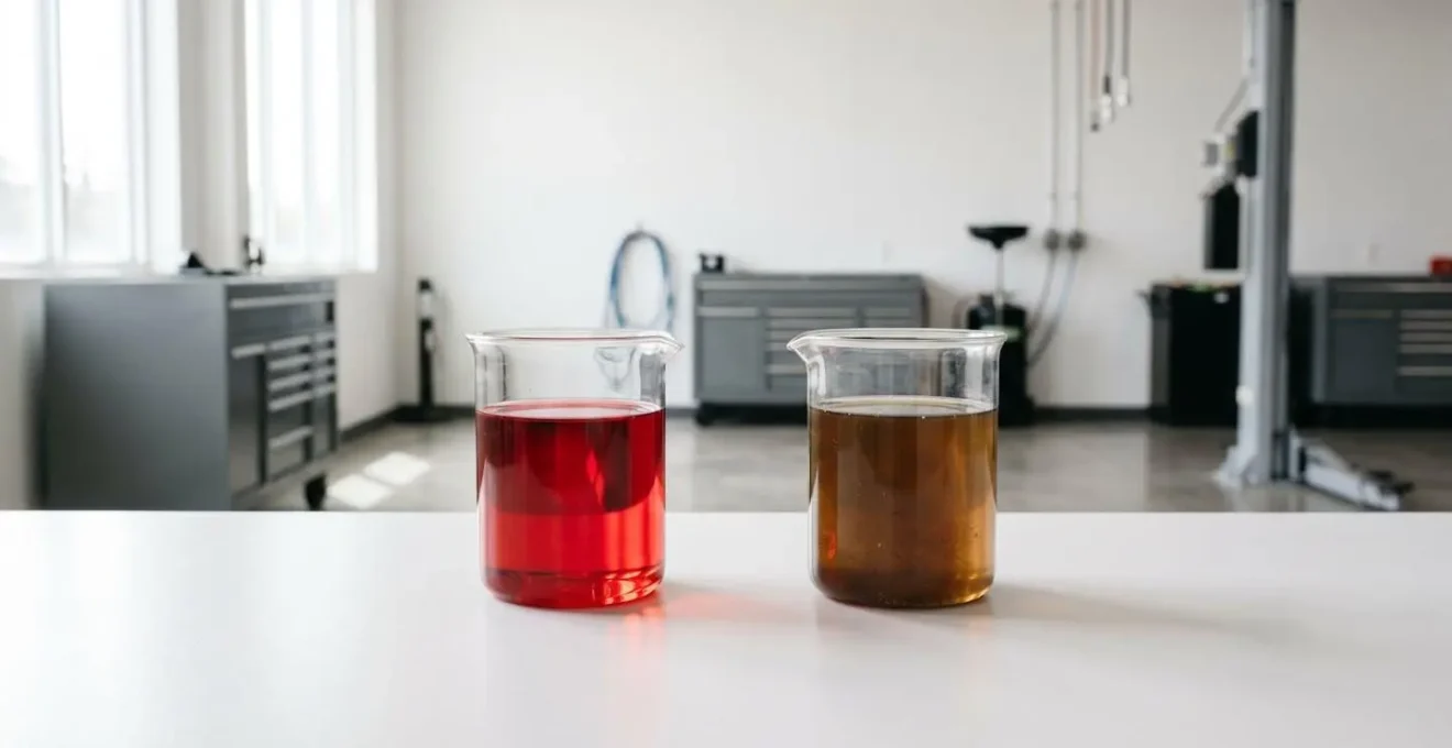 Clean versus contaminated automatic transmission fluid showing degradation and metal particle suspension