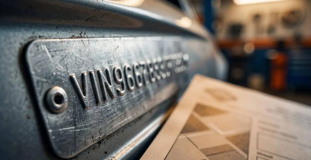 Close-up of automotive technical inspection process showing vehicle identification and compliance verification