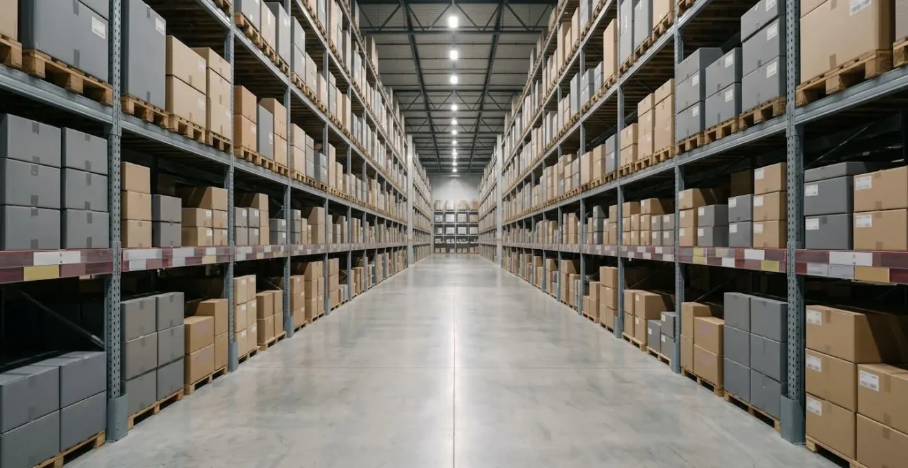 Wide shot of organized warehouse with inventory buffer stock prepared for Chinese New Year production shutdown