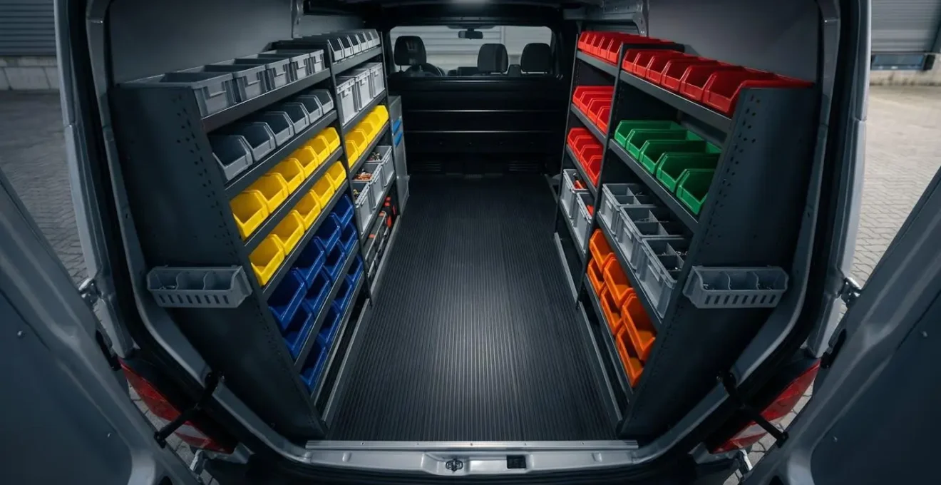 Overhead view of organized van cargo area with labeled zones and systematic tool placement grid