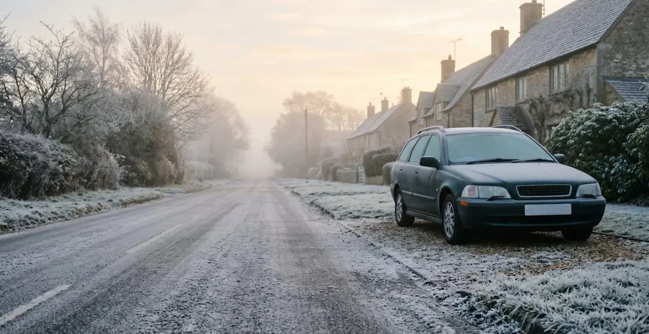 Atmospheric winter morning scene showing frost-covered vehicle with engine bay detail